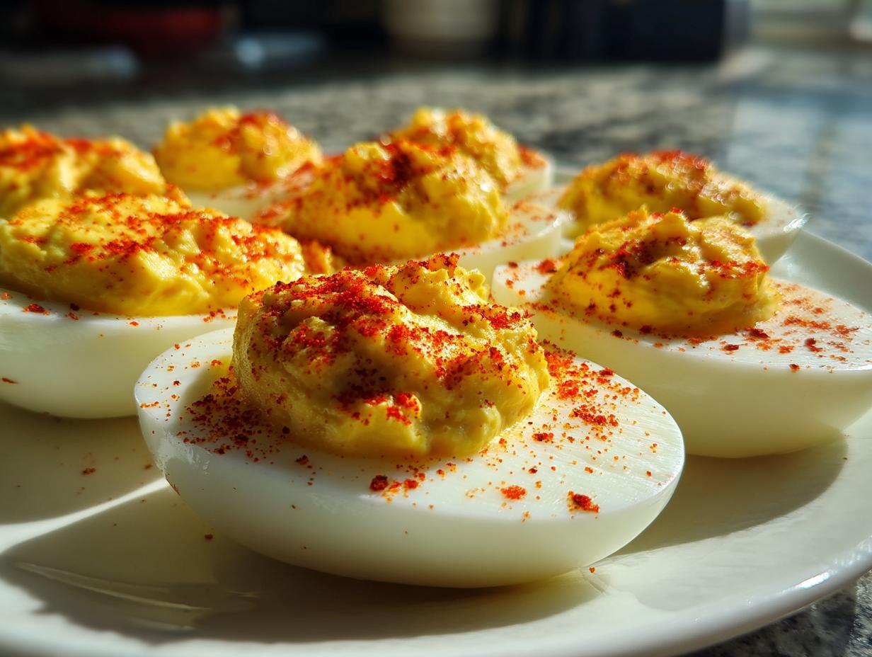 Close-up of several creamy deviled eggs topped generously with paprika, ready to serve.