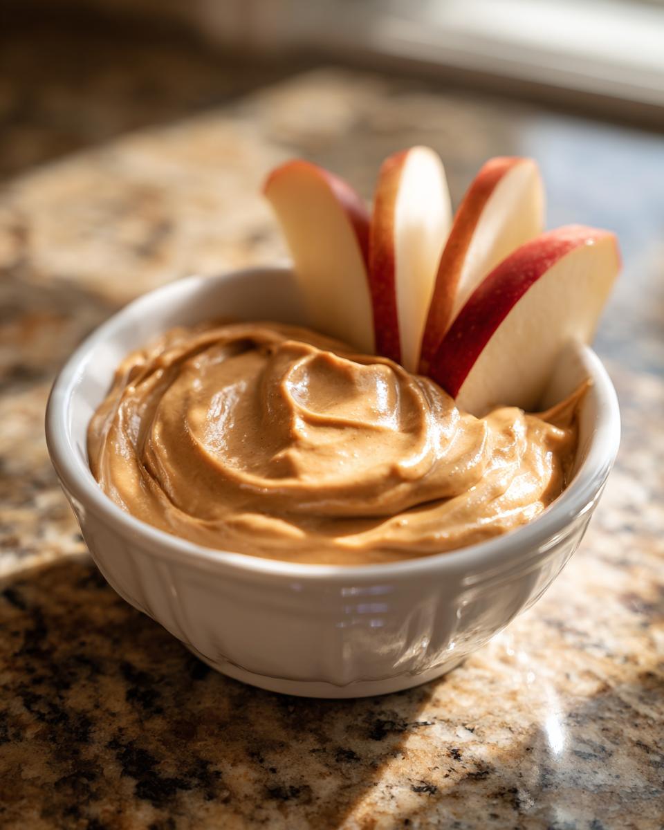 A small white bowl filled with creamy brown fruit dip, garnished with slices of red apple.