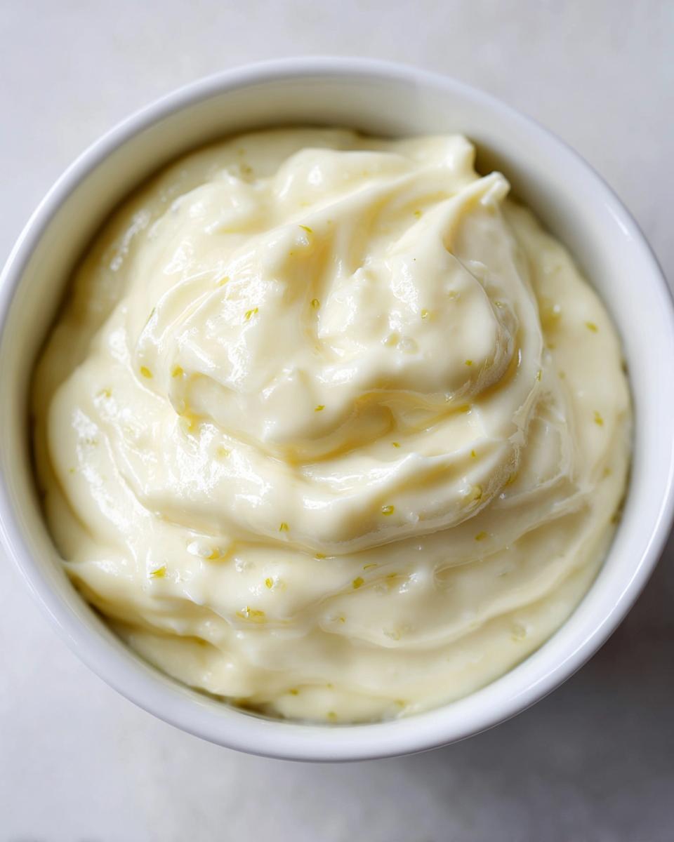Close-up overhead shot of thick, creamy homemade garlic aioli with small flecks of green zest in a white bowl.