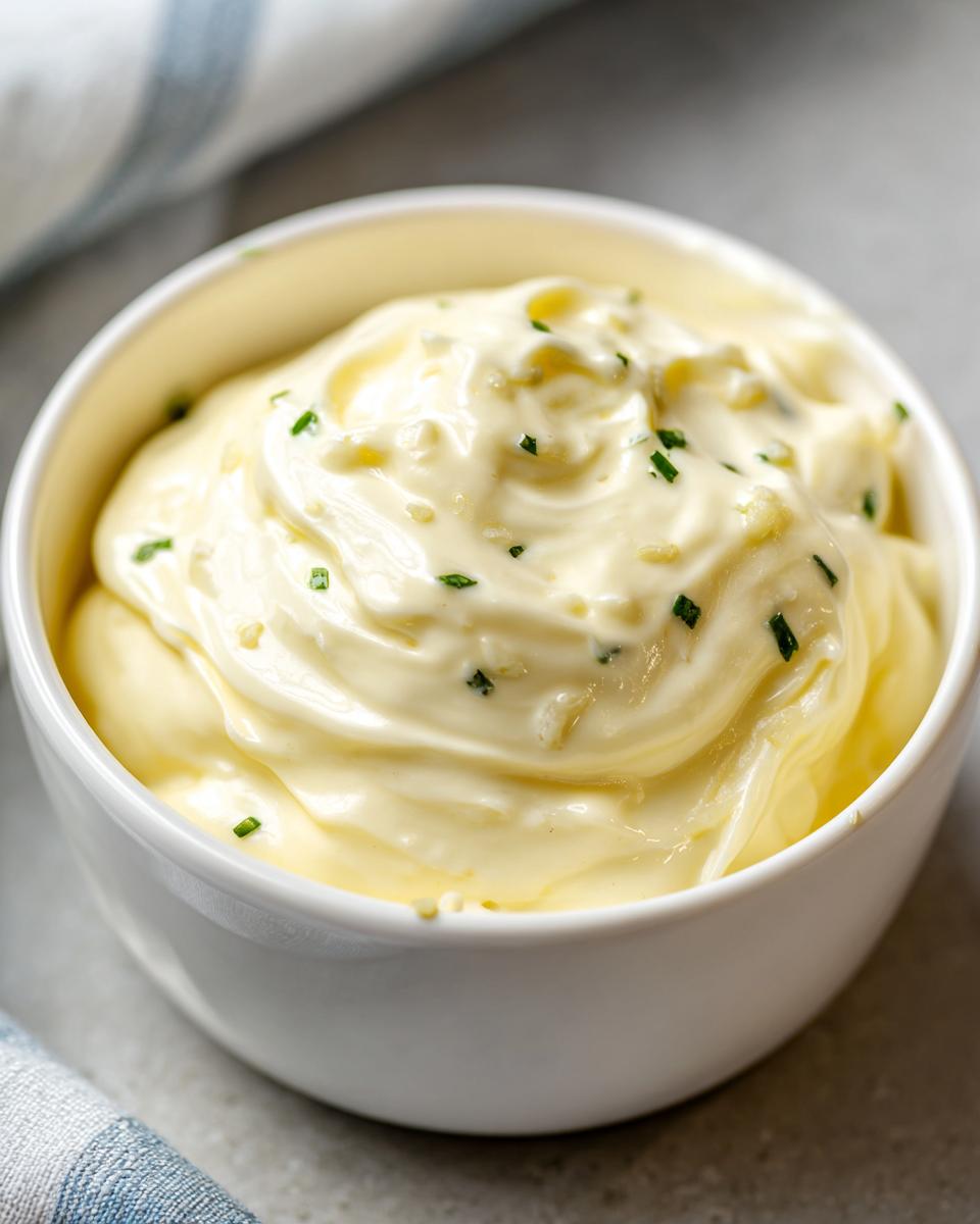 Close-up of rich, creamy homemade garlic aioli topped with minced garlic and chives in a white dipping bowl.