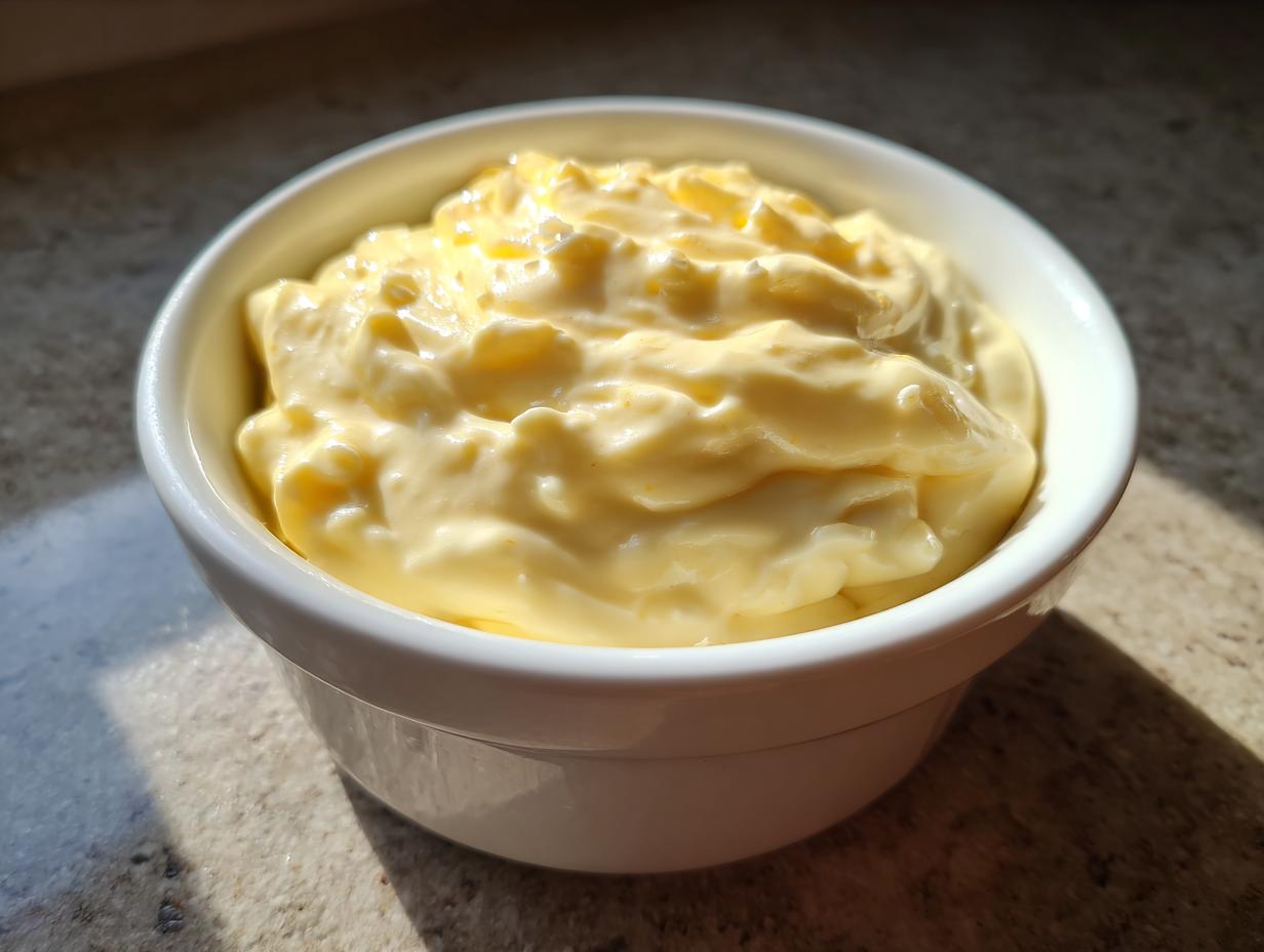 A close-up of thick, creamy, yellow homemade garlic aioli served in a small white ramekin.