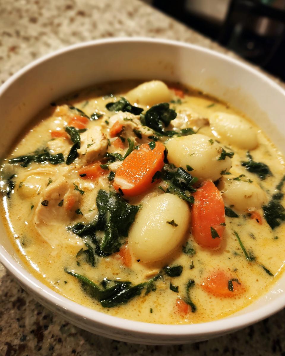 Close-up of a hearty bowl of creamy gnocchi soup featuring tender gnocchi, chicken pieces, bright orange carrots, and dark green spinach.