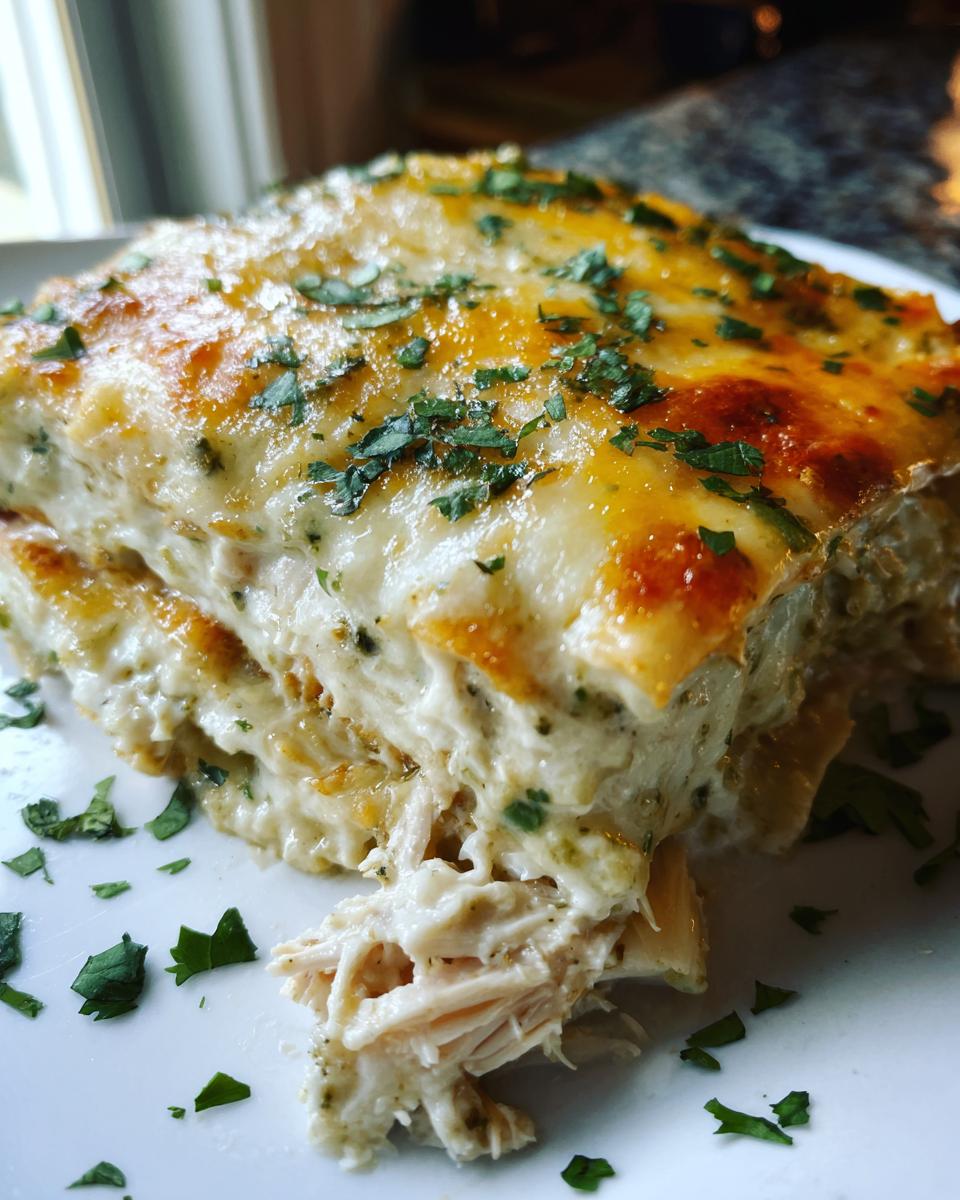 A close-up of a serving slice of green chile chicken enchiladas topped with melted, browned cheese and fresh cilantro.