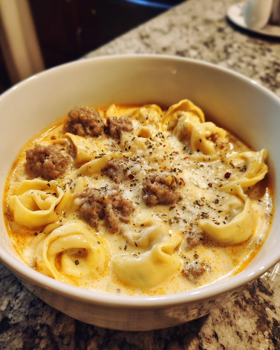 Close-up of a creamy italian sausage tortellini soup garnished with herbs and spices in a white bowl.