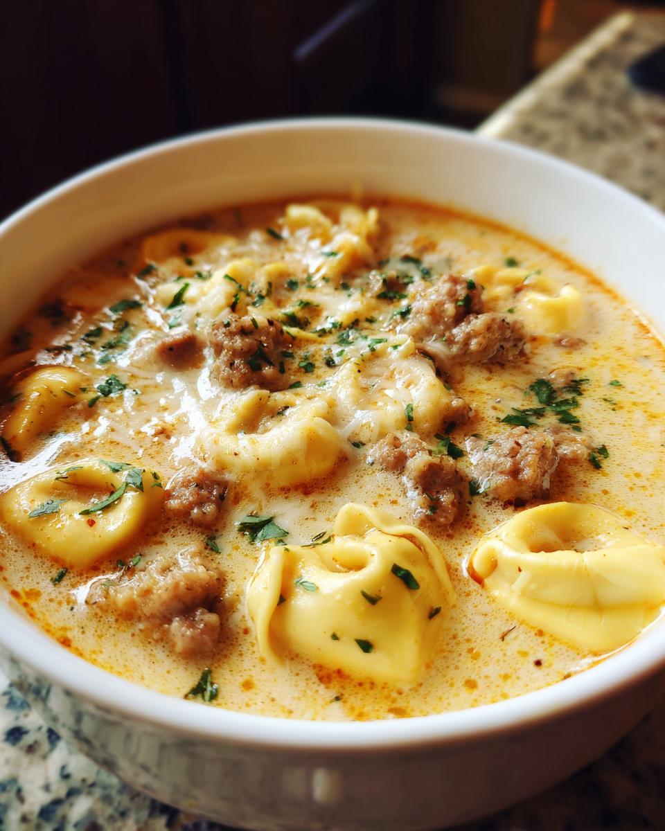 Close-up of creamy italian sausage tortellini soup with tortellini pasta, crumbled sausage, and parsley garnish.