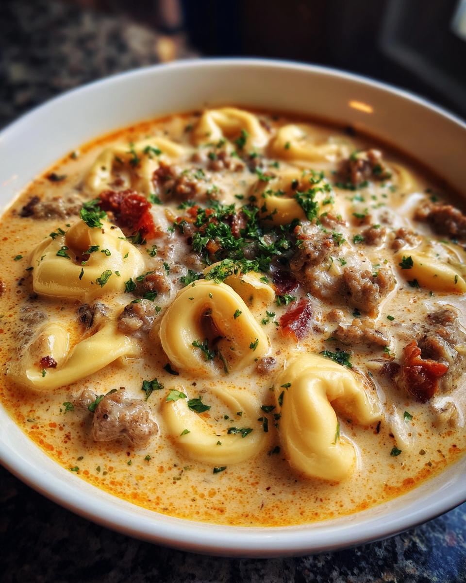 Close-up of a bowl of rich, creamy italian sausage tortellini soup topped with fresh parsley.