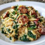 Close-up of creamy lemon orzo pasta mixed with wilted spinach and slices of browned sausage.