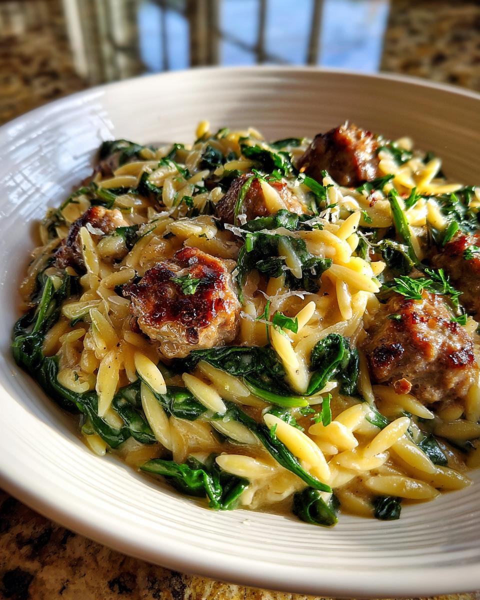 Close-up of creamy lemon orzo pasta mixed with wilted spinach and browned sausage pieces in a white bowl.