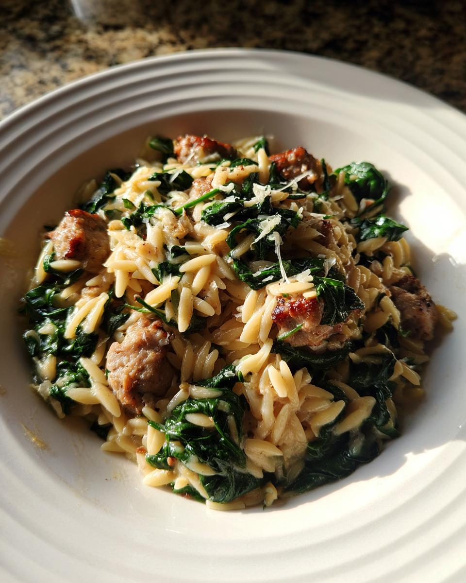A close-up of creamy orzo pasta mixed with spinach and chunks of sausage, topped with grated cheese.