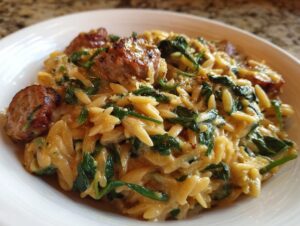Close-up of creamy lemon orzo pasta mixed with wilted spinach and topped with browned sausage pieces.