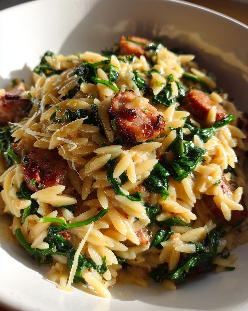 Close-up of creamy lemon orzo pasta mixed with wilted spinach and browned sausage pieces.