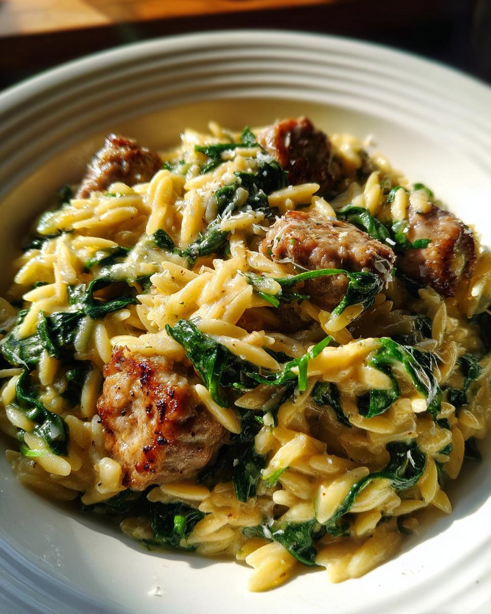 Close-up of creamy orzo pasta mixed with wilted spinach and browned sausage pieces in a white bowl.