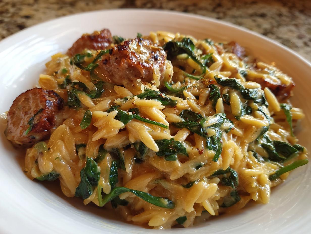 Close-up of creamy lemon orzo pasta mixed with wilted spinach and topped with browned sausage pieces.