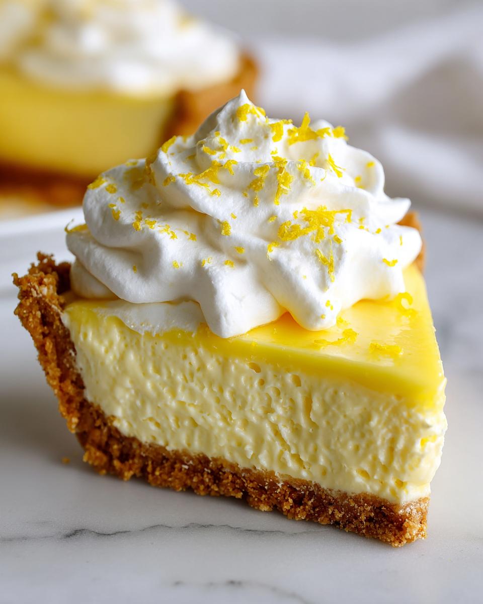 A close-up of a slice of creamy lemon pie with a graham cracker crust, topped with whipped cream and lemon zest.