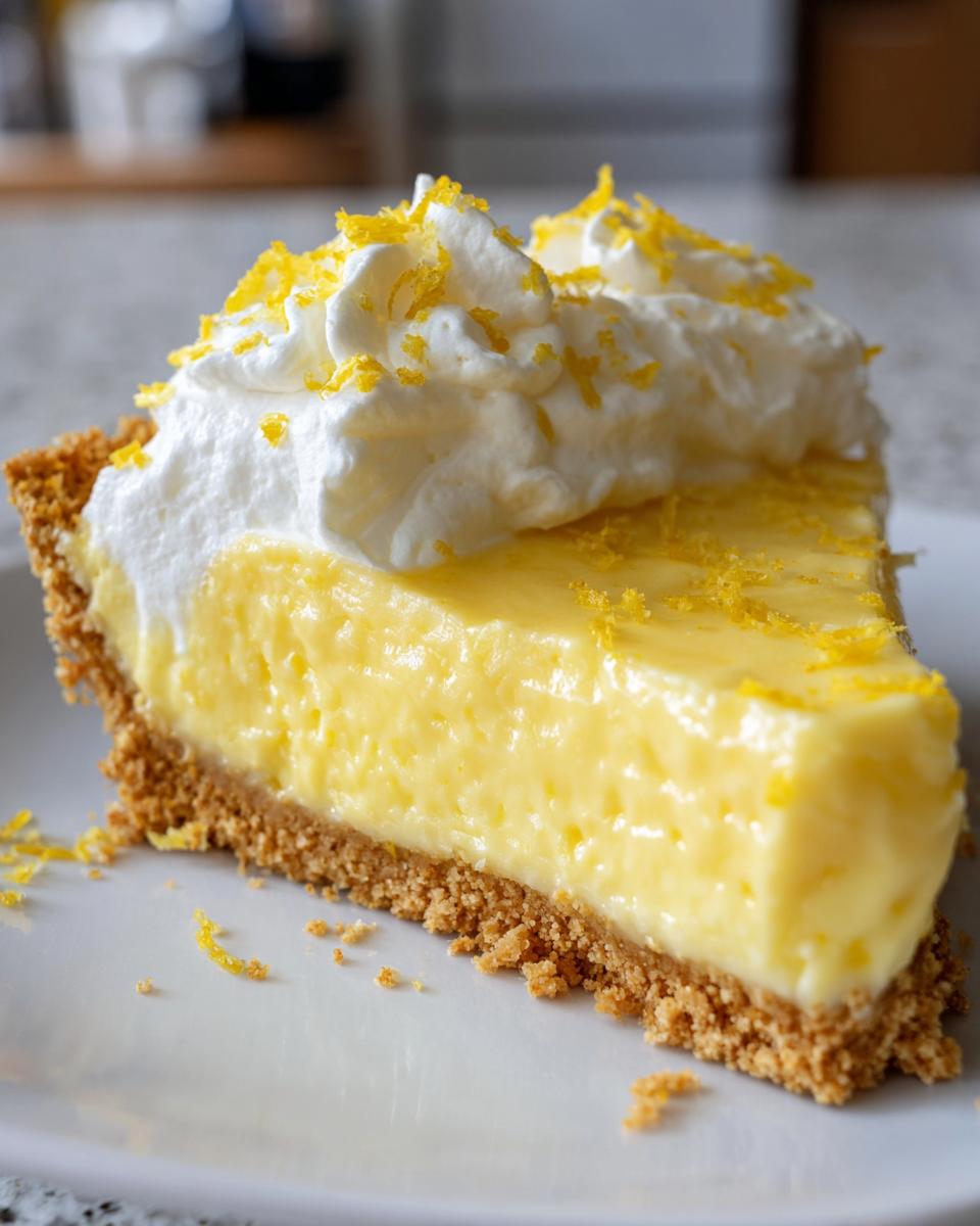 Close-up of a rich slice of lemon pie with a graham cracker crust, topped with whipped cream and lemon zest.