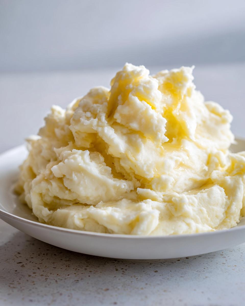 A generous serving of creamy, fluffy mashed potatoes topped with melted butter in a white bowl.