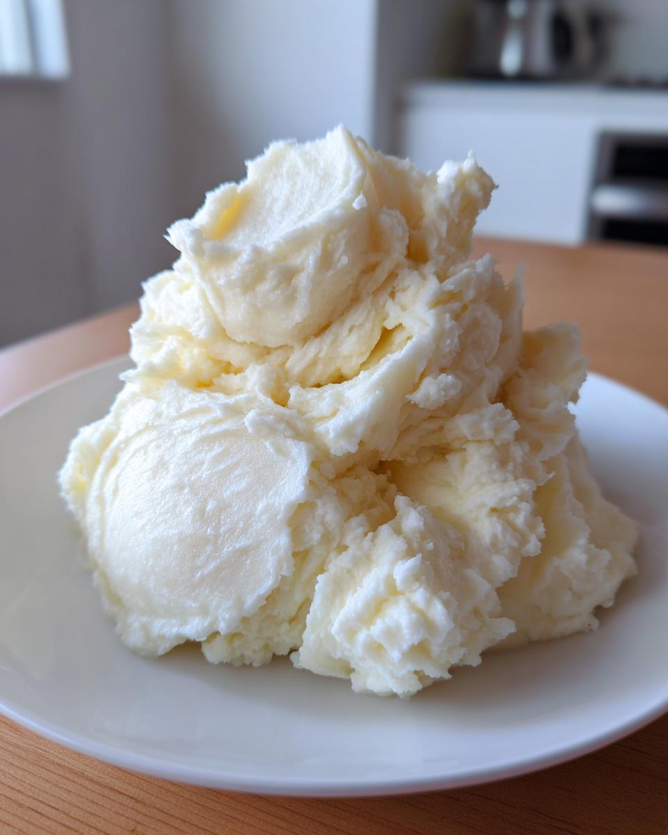 A generous scoop of creamy, fluffy mashed potatoes piled high on a white plate.