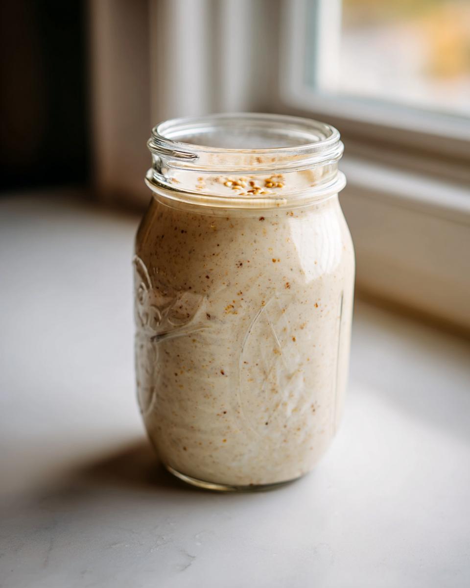 A creamy, speckled homemade salad dressing stored in a clear mason jar, ready for use.