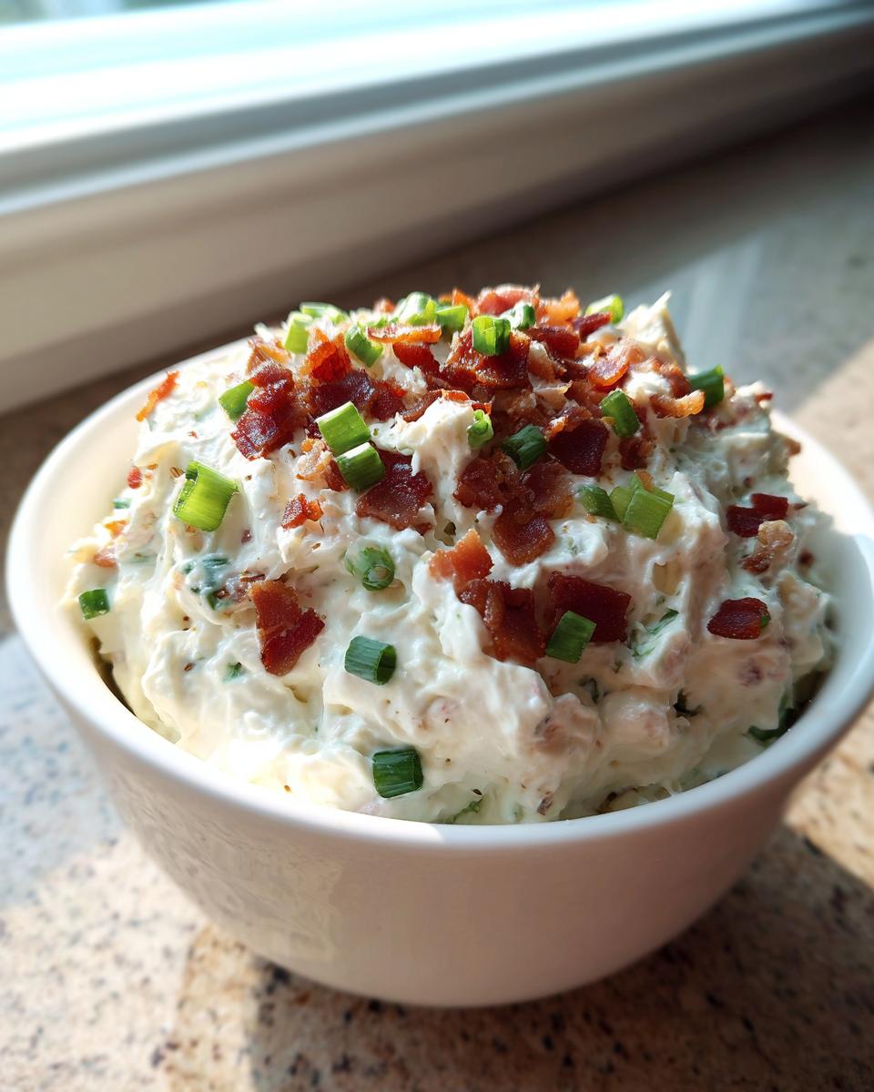 A white bowl filled with creamy Million Dollar Dip, topped generously with crumbled bacon and chopped green onions.