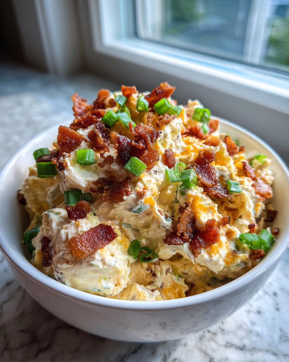 A bowl of creamy Million Dollar Dip generously topped with crumbled bacon pieces and fresh green onions.