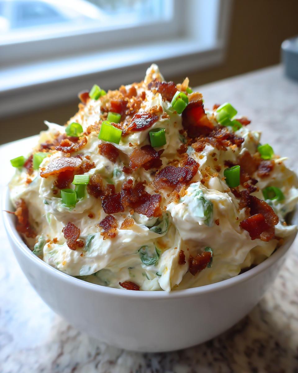 A white bowl filled with creamy Million Dollar Dip, generously topped with crumbled bacon and chopped green onions.