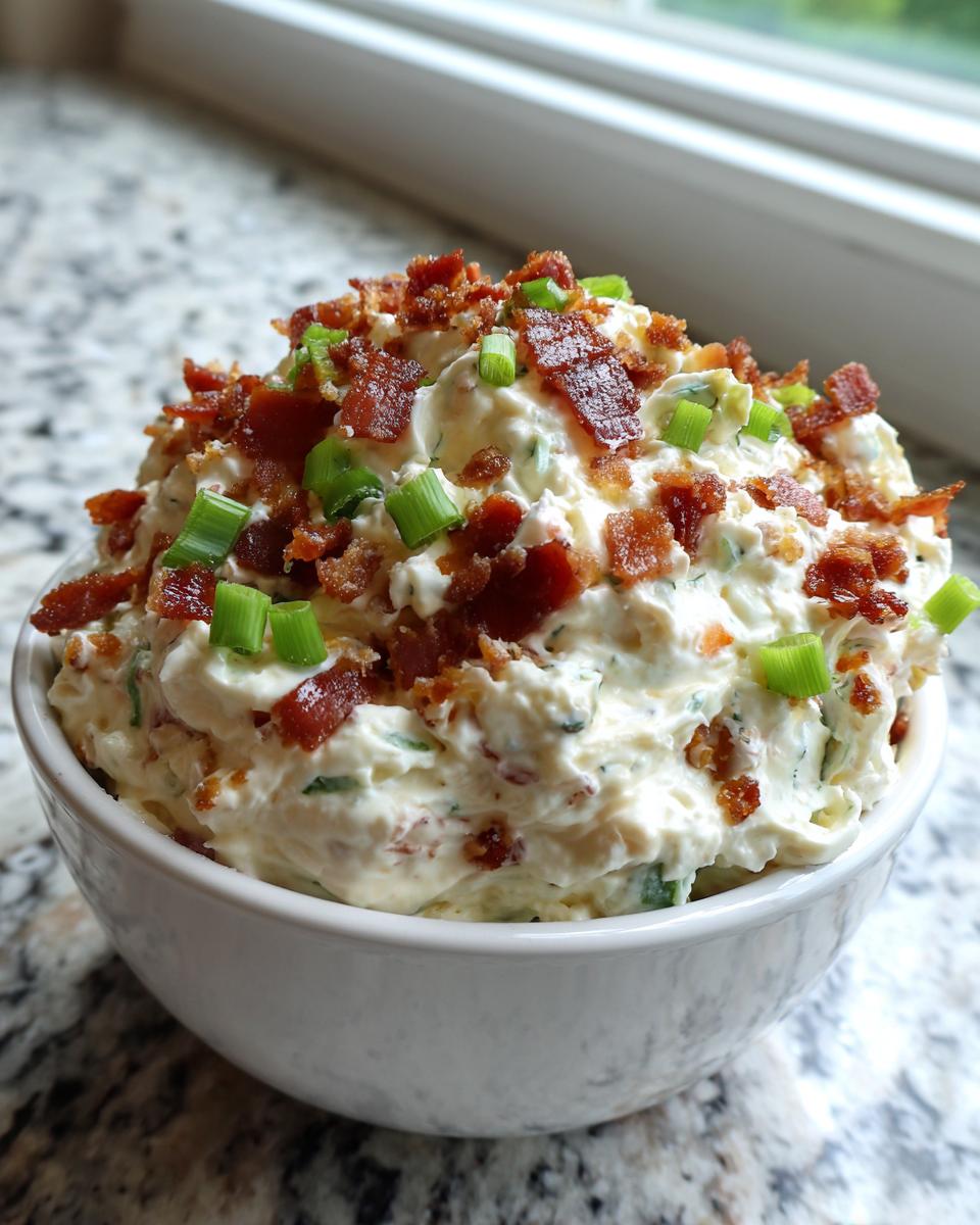 A white bowl filled with creamy Million Dollar Dip, generously topped with crumbled bacon and fresh green onions.