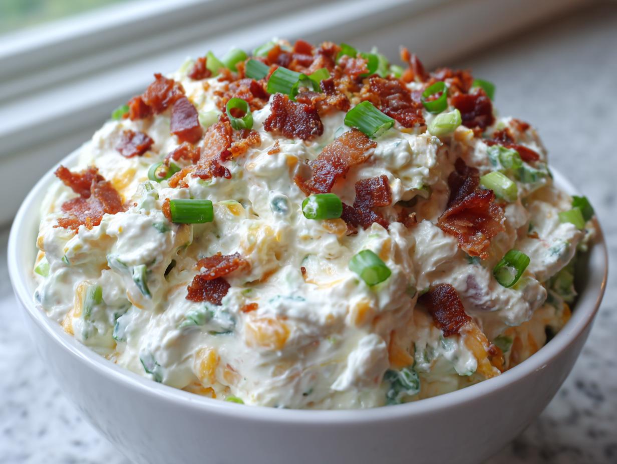 A close-up of a creamy Million Dollar Dip topped generously with crispy bacon bits and fresh green onions.