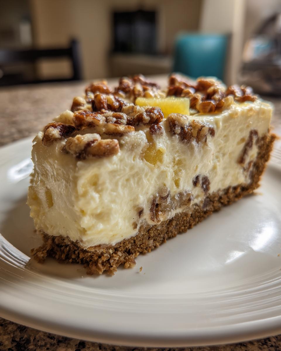 A close-up slice of creamy millionaire pie with a graham cracker crust, topped with pecans and pineapple chunks.