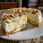 A slice of creamy millionaire pie with a graham cracker crust and chopped pecans on top, sitting next to the rest of the pie.