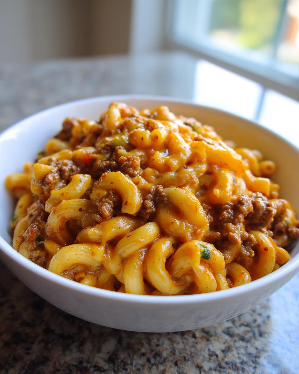 A close-up view of a white bowl filled with creamy, cheesy taco pasta mixed with seasoned ground beef.