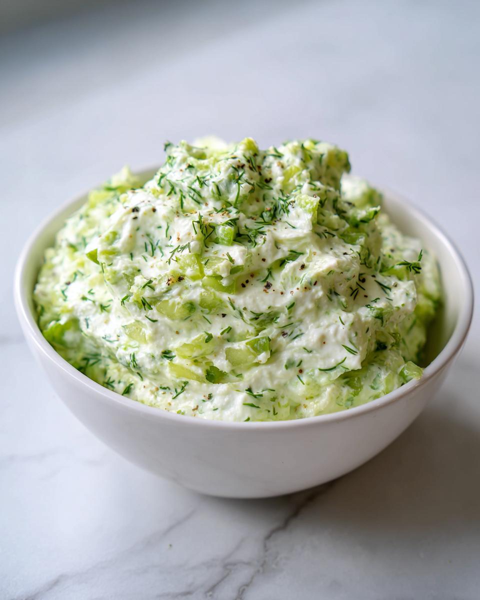 Close-up of creamy, chunky pickle dip mixed with dill and spices in a white bowl.