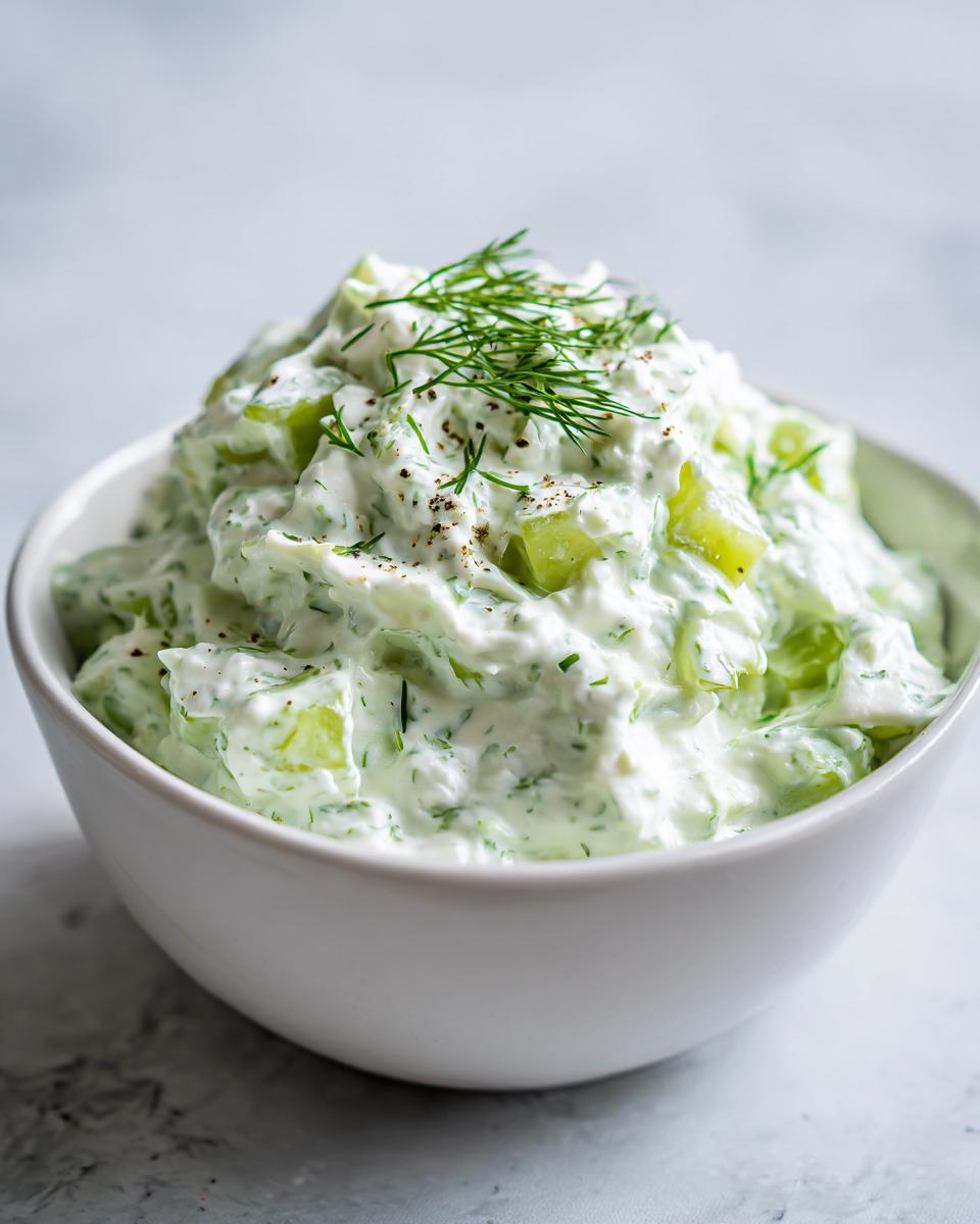 Close-up of a creamy, chunky pickle dip topped with fresh dill and cracked pepper in a white bowl.