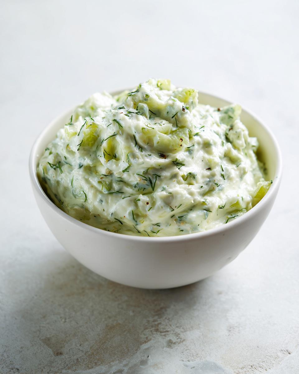 Close-up of creamy, chunky pickle dip mixed with dill, served in a small white bowl.
