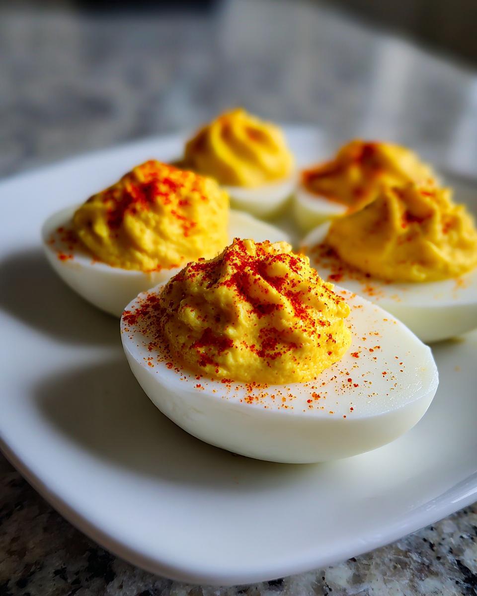 Close-up of creamy, piped deviled eggs garnished with bright red paprika on a white plate.