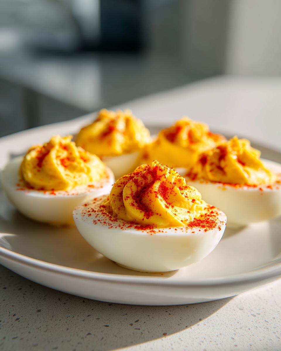 Close-up of creamy, piped deviled eggs dusted generously with bright red paprika on a white plate.