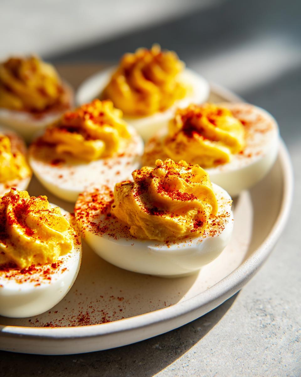 Close-up of several creamy deviled eggs piped high with yolk filling and sprinkled with paprika.