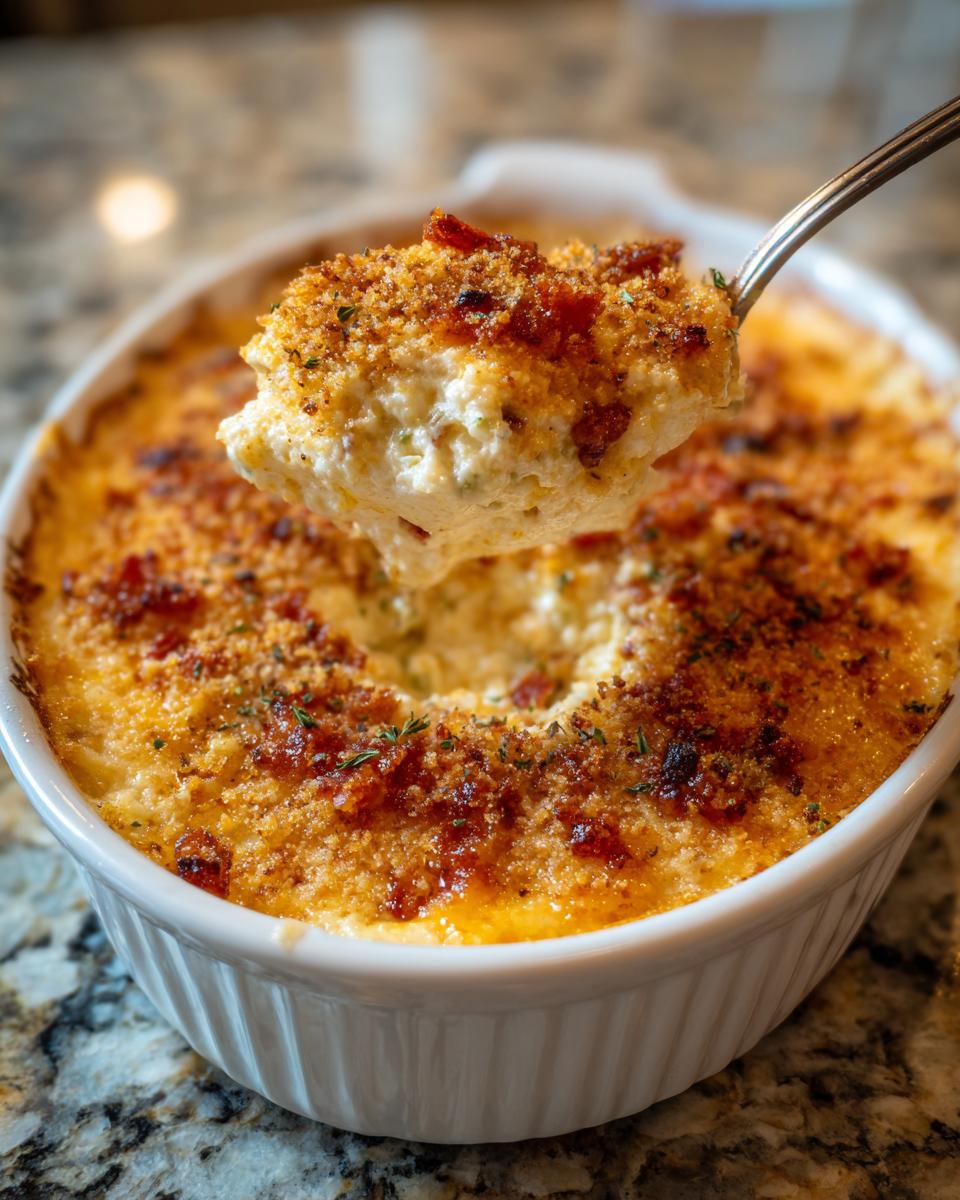 A spoonful of creamy, cheesy popper dip with a crispy bacon and breadcrumb topping being lifted from a white baking dish.