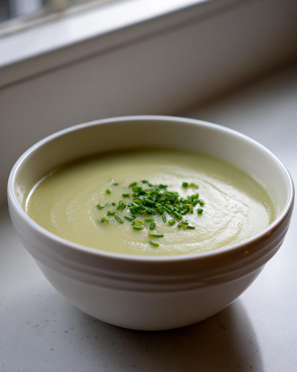 A close-up of a white bowl filled with smooth, creamy potato leek soup, topped with fresh chopped chives.