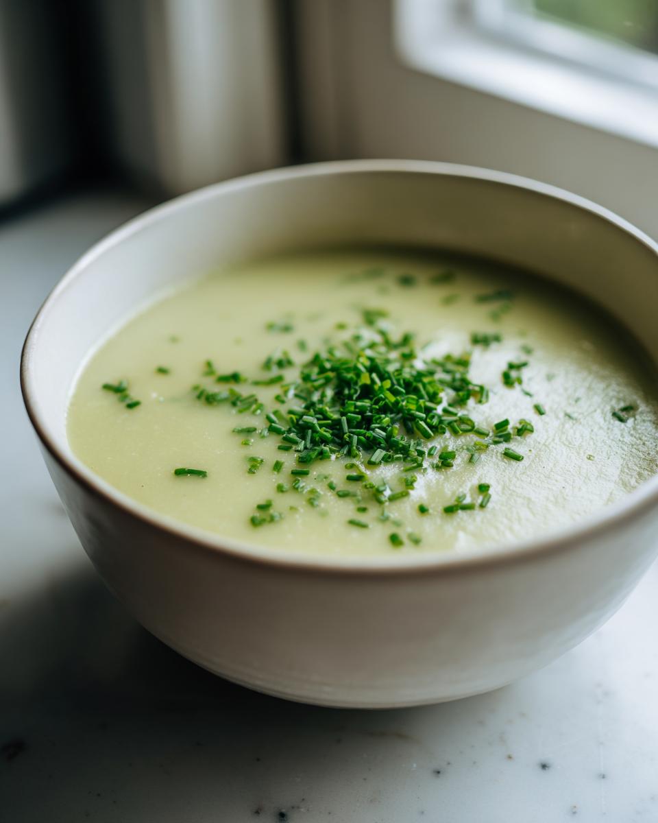 A close-up of a creamy bowl of potato leek soup topped generously with fresh, chopped green chives.