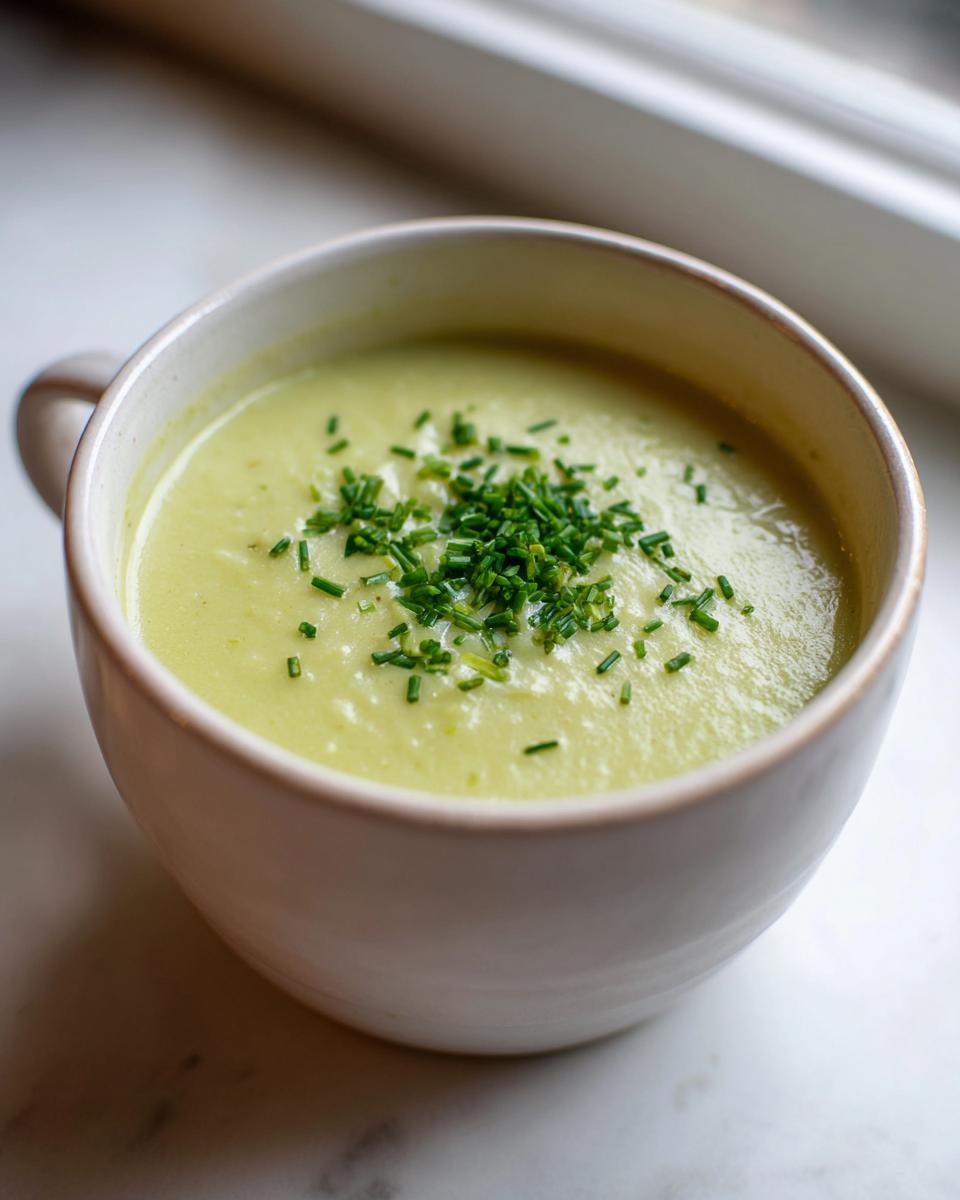 A close-up of creamy potato leek soup in a white bowl, garnished generously with chopped fresh chives.