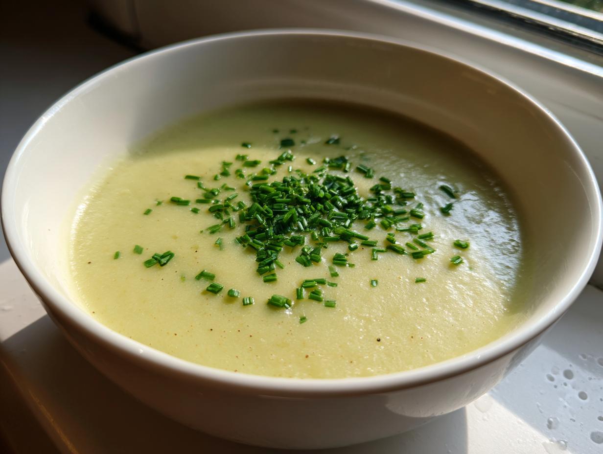 A bowl of creamy potato leek soup garnished generously with freshly chopped green chives.