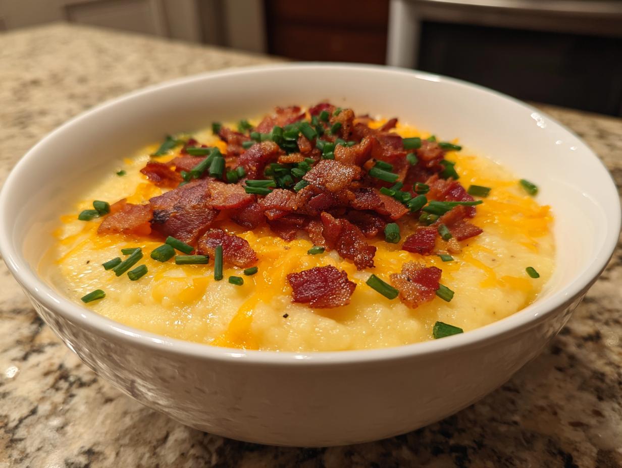 A white bowl filled with creamy potato soup recipe, topped generously with bacon bits, shredded cheddar cheese, and fresh chives.