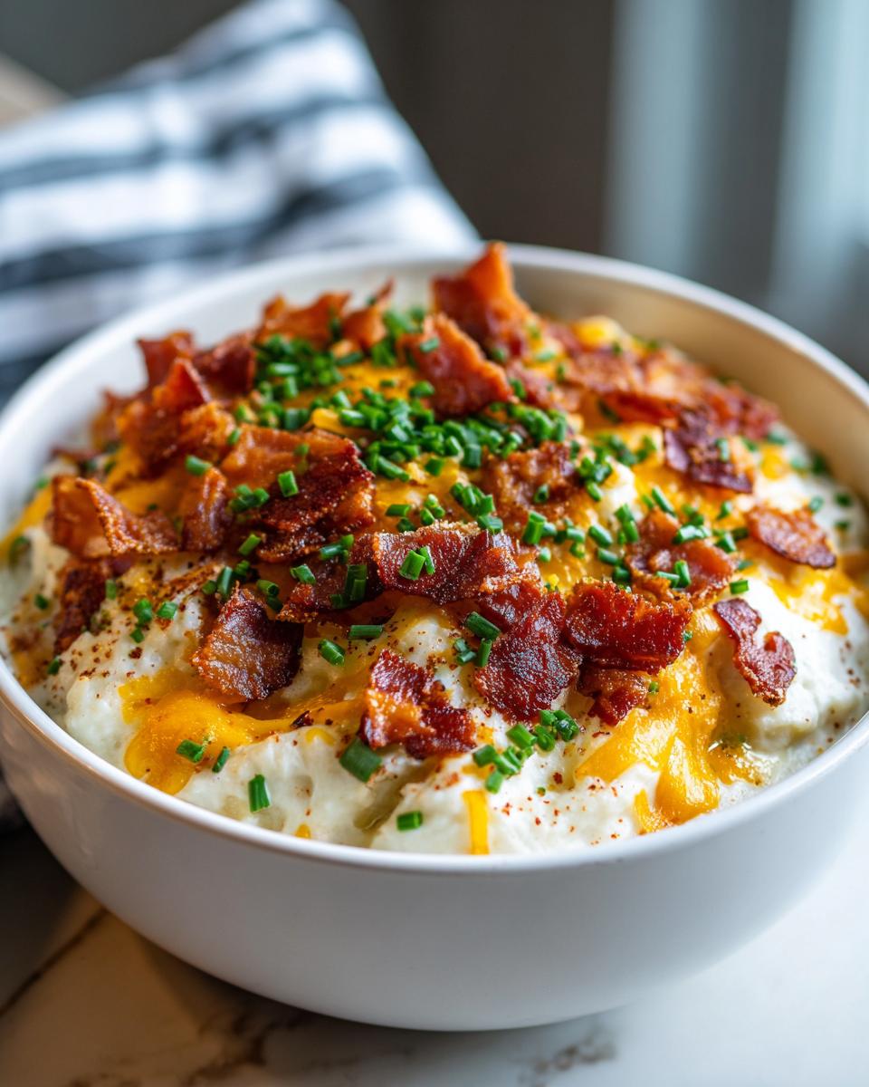 Close-up of a bowl of creamy potato soup recipe topped with melted cheddar cheese, bacon bits, and chives.