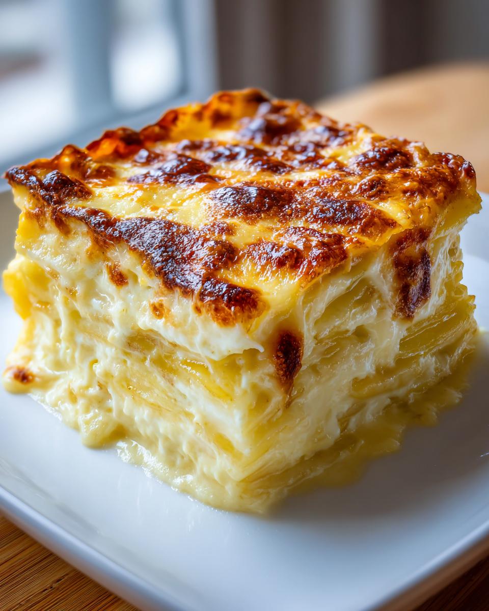 A thick, square slice of creamy potatoes au gratin showing layered potatoes and a deeply browned, cheesy top.
