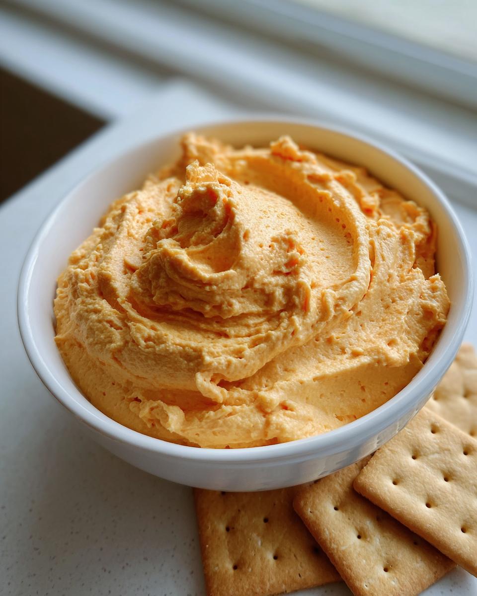 A bowl of creamy, orange pumpkin fluff dip served with square crackers on a light surface.