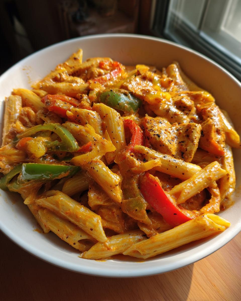 Close-up of a bowl of vibrant Rasta Pasta featuring penne, chicken, and colorful bell peppers in a creamy orange sauce.