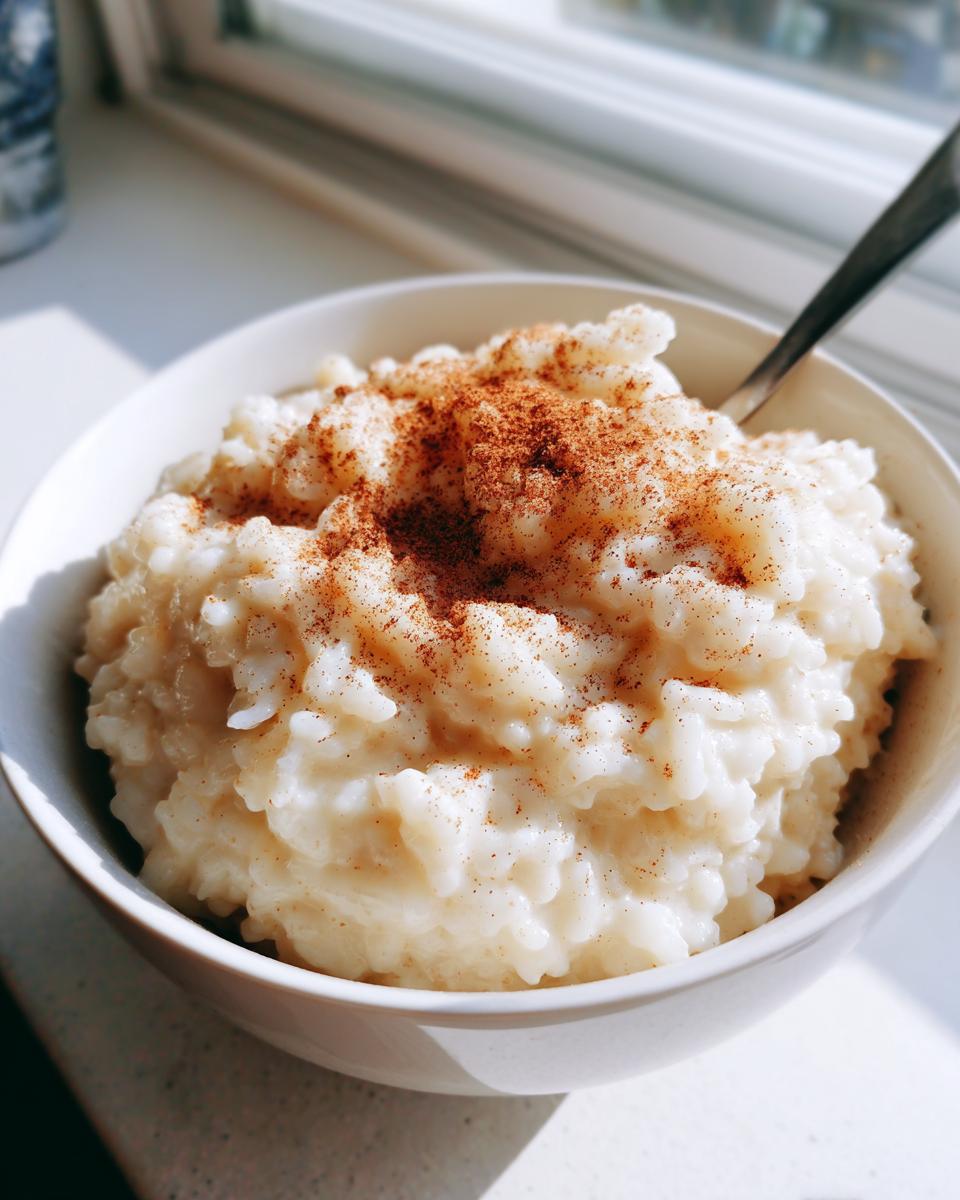 A close-up of creamy rice pudding in a white bowl, dusted generously with cinnamon.