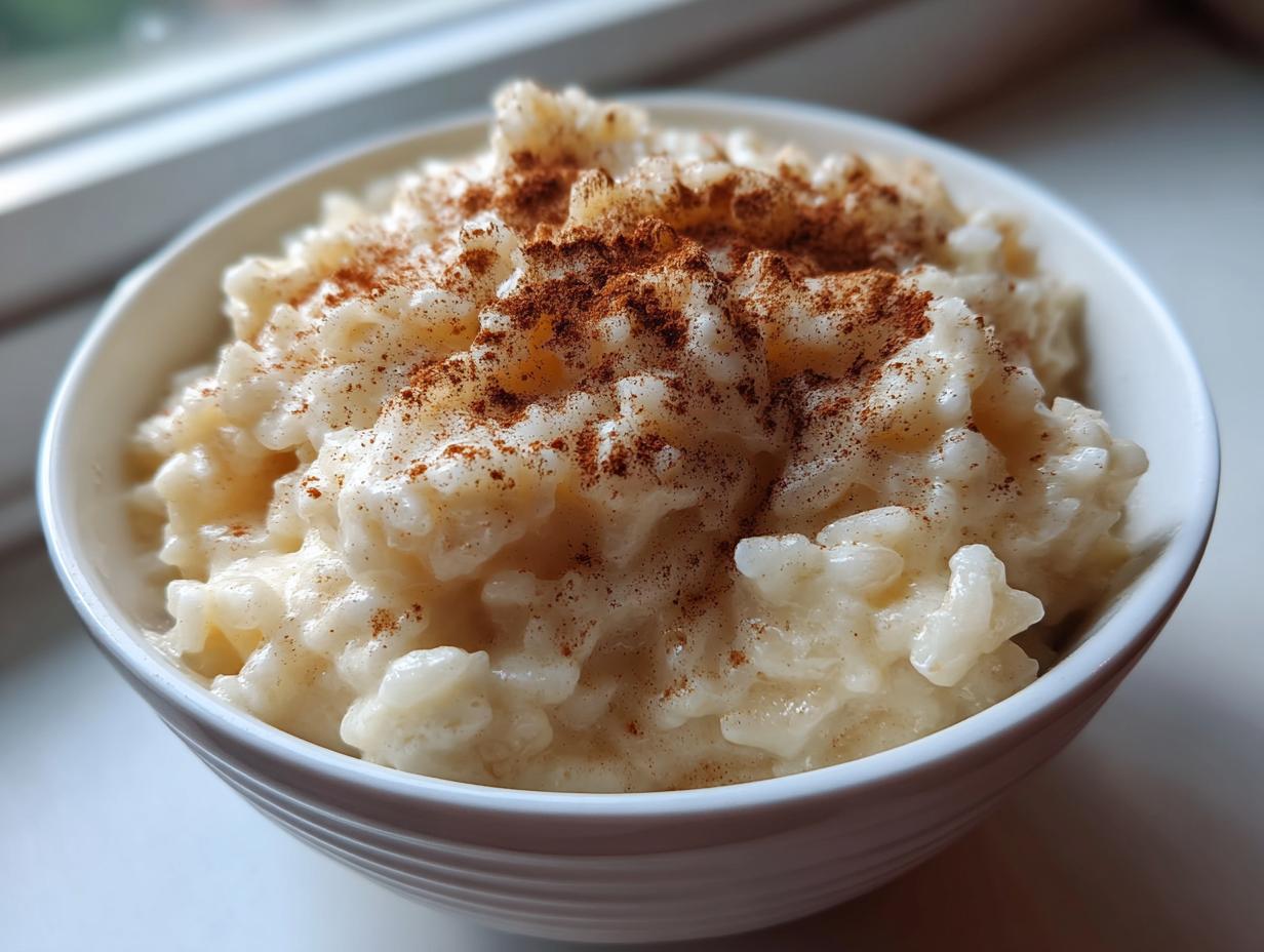 Close-up of a white bowl filled with creamy rice pudding topped generously with ground cinnamon.