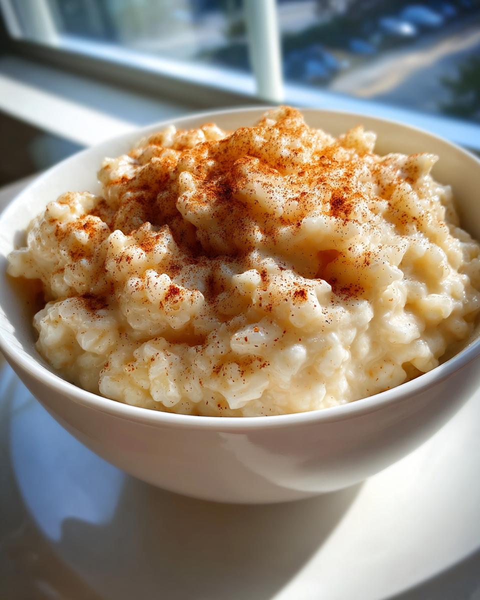 A close-up of creamy rice pudding topped generously with ground cinnamon in a white bowl.