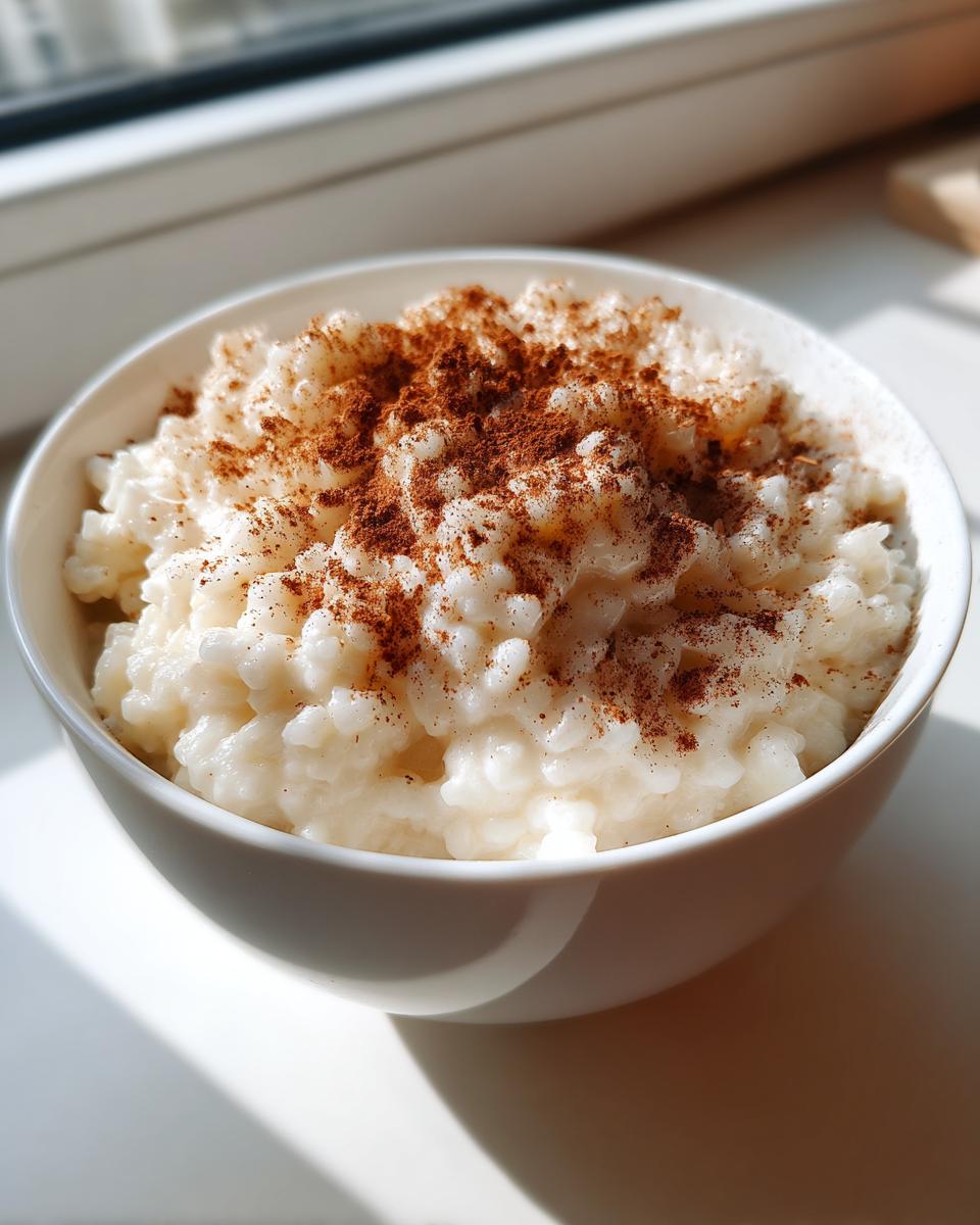 Close-up of creamy rice pudding in a white bowl, generously dusted with ground cinnamon.